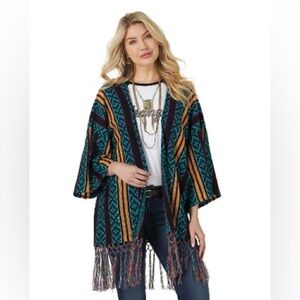 Wrangler Teal, Purple & Gold Fringe Open-Front Poncho Sweater